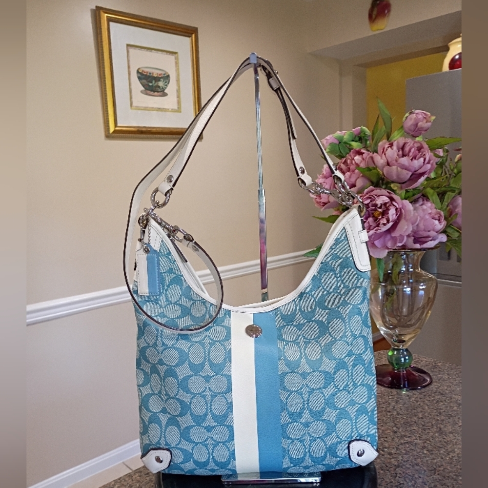 COACH SIGNATURE STRIPED CHELSEA HOBO BAG – BLUE/WHITE NO. F14476 - Picture 3 of 17